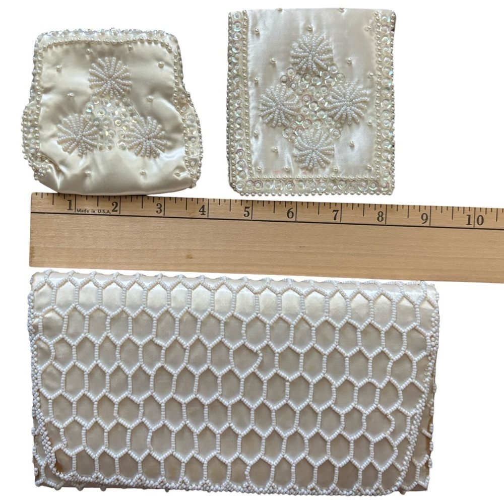 Vintage 60s beaded silk clutch set - white - 1960s - Picture 10 of 11